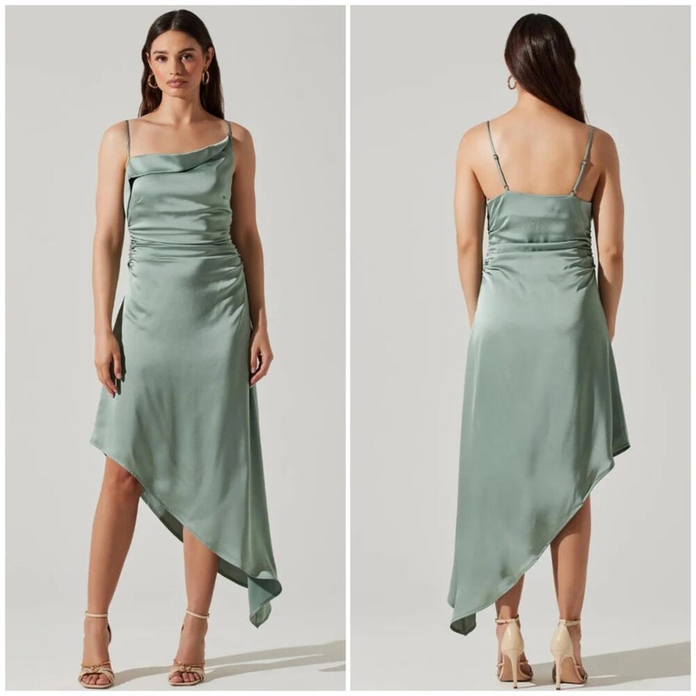 ASTR The Label Mirie Midi Dress M Sage Green Satin Asymmetric Elegant Formal